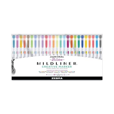 ZEBRA PEN Mildliner Double Ended Highlighter Variety, Asst Ink/Barrel Color, Bold-Chisel/Fine-Bullet Tip, 25PK 78525